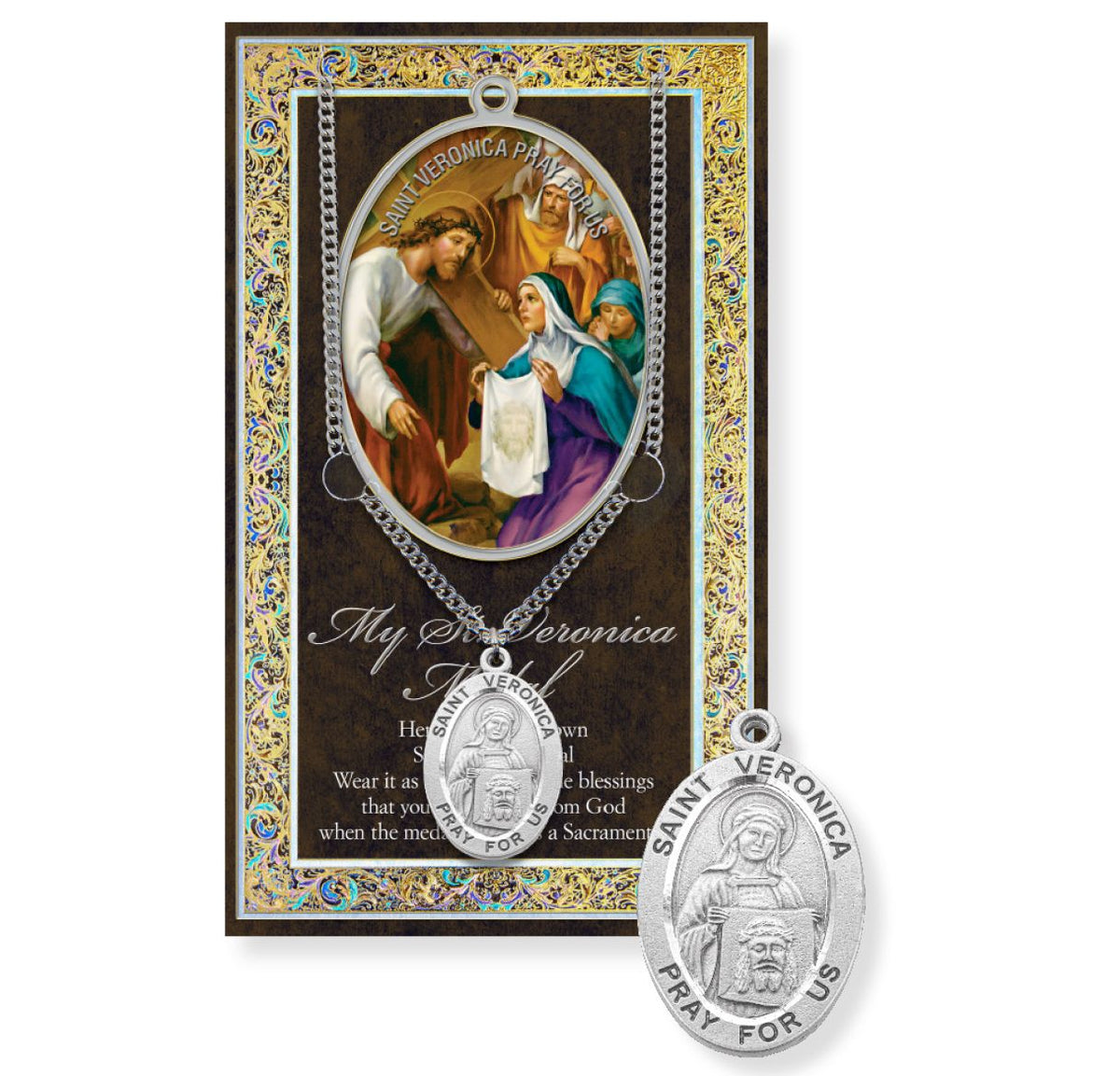 Hirten Saint Veronica Genuine Pewter Medal on a 18" Chain with Biography and Picture Folder,