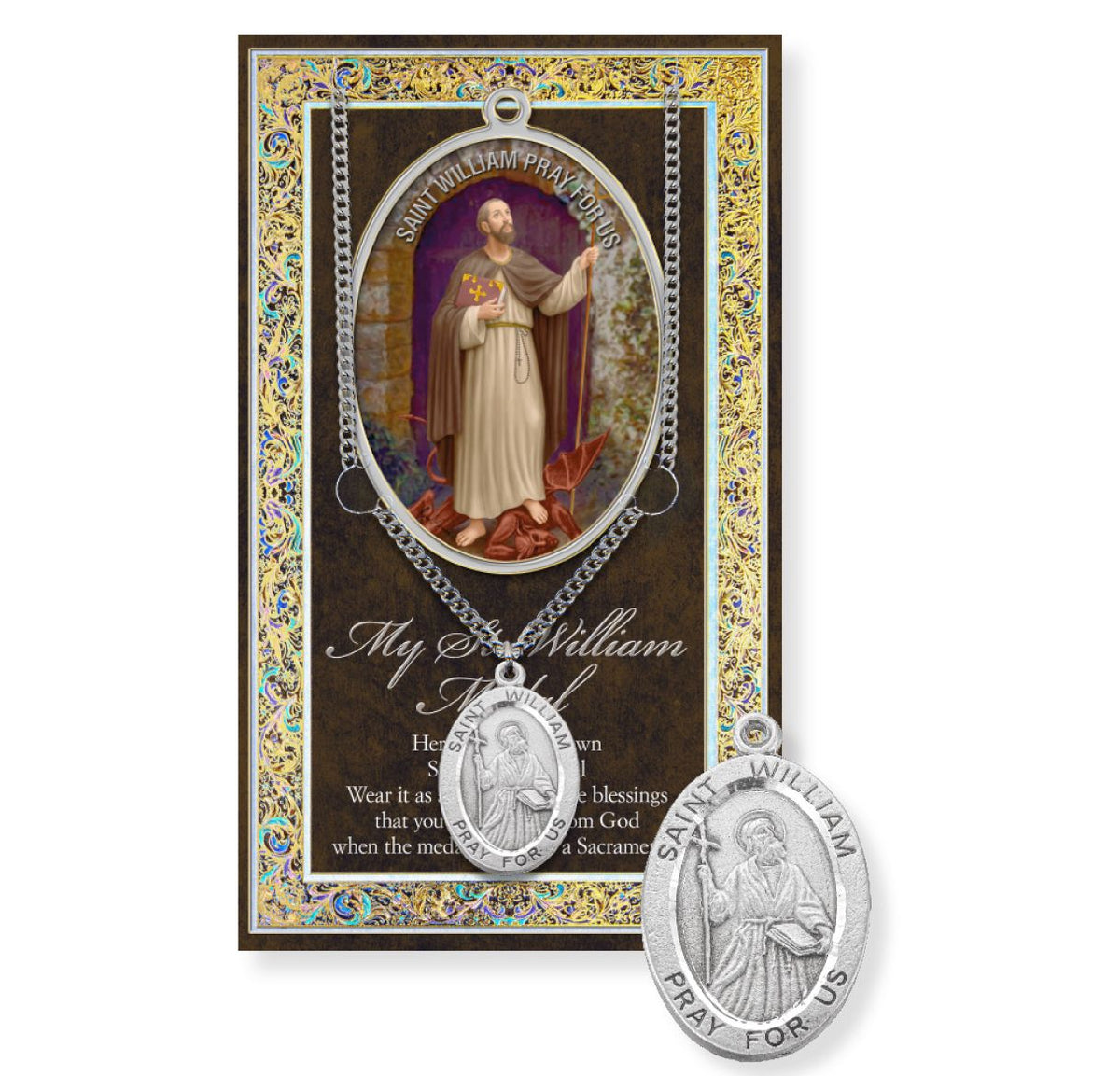 Hirten Saint William Genuine Pewter Medal on a 24" Chain with Biography and Picture Folder,