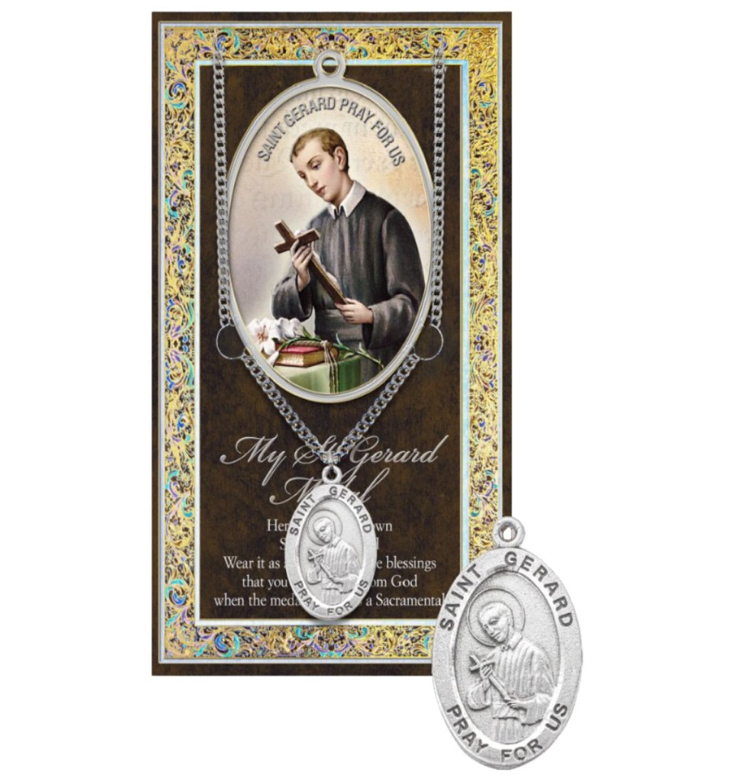 Hirten Saint Gerard Genuine Pewter Medal on a 24" Chain with Biography and Picture Folder,