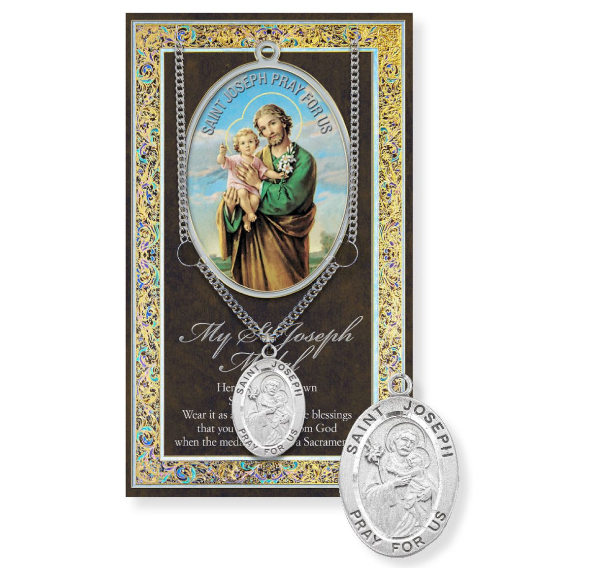 Hirten Saint Joseph Genuine Pewter Medal on a 24" Chain with Biography and Picture Folder,