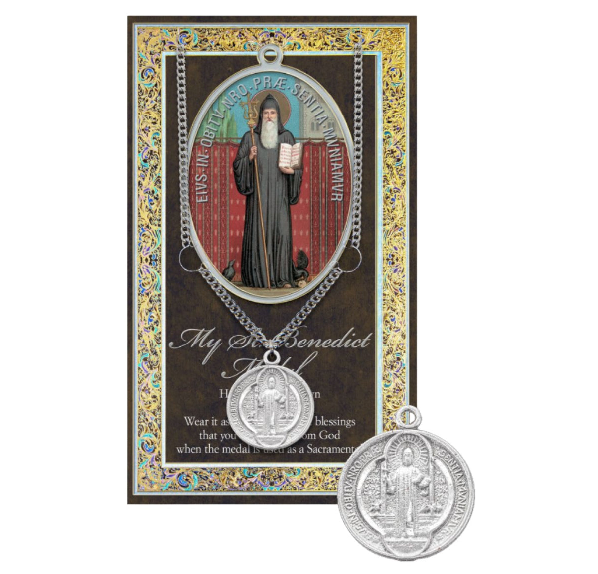 Hirten Saint Benedict Genuine Pewter Medal on a 24" Chain with Biography and Picture Folder,