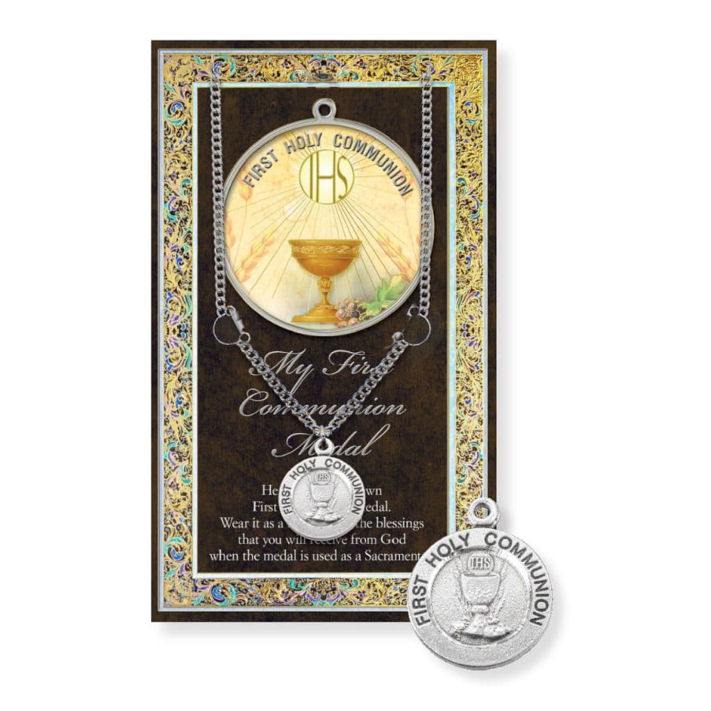 First Communion Pewter Medal with Prayer Pamphlet by Hirten. 18" Stainless steel chain.