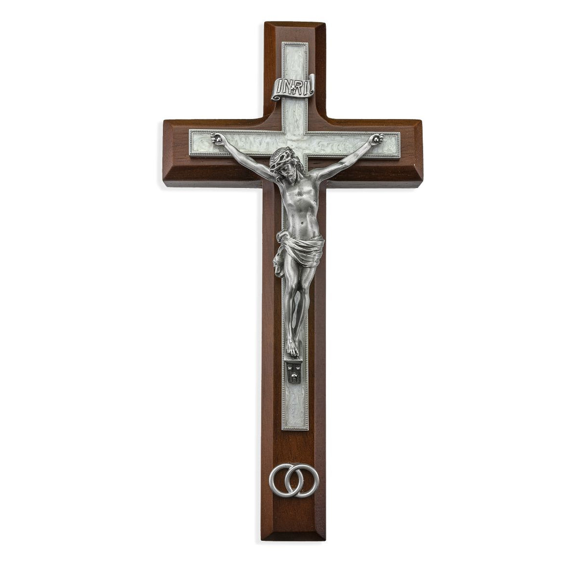 Hirten Wedding 10" Pearlized Walnut Wood Wall Crucifix with a Lacquered finish and a pearlized cross and hand-cast pewter corpus by New England artisans