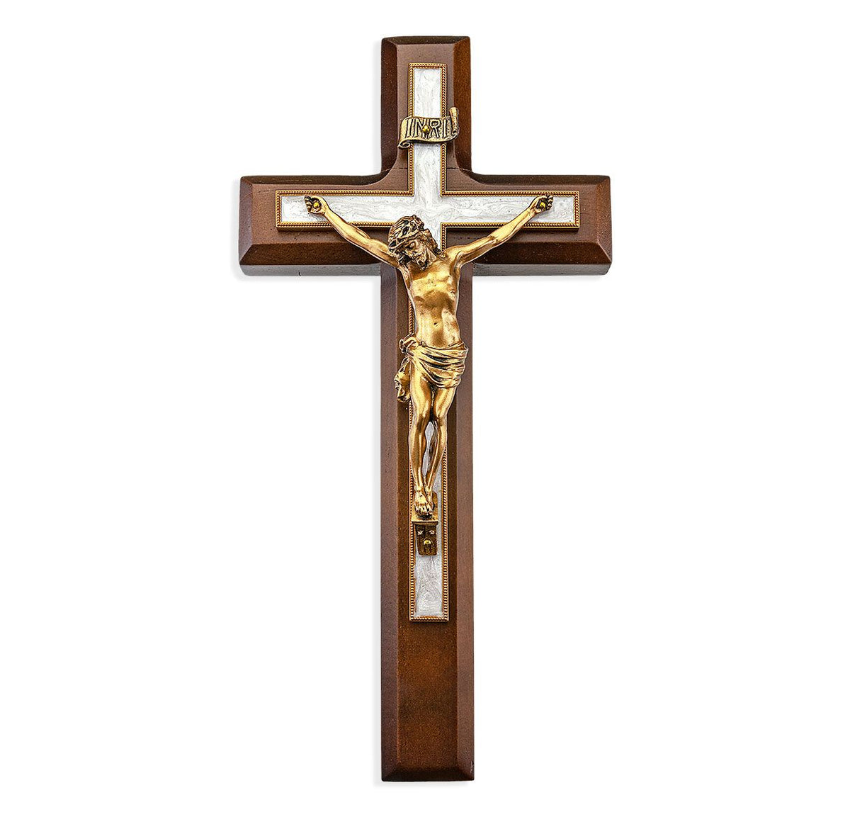Hirten Gold 10" Pearlized Walnut Wood Wall Crucifix with a Lacquered finish and a pearlized cross and hand-cast pewter corpus by New England artisans.