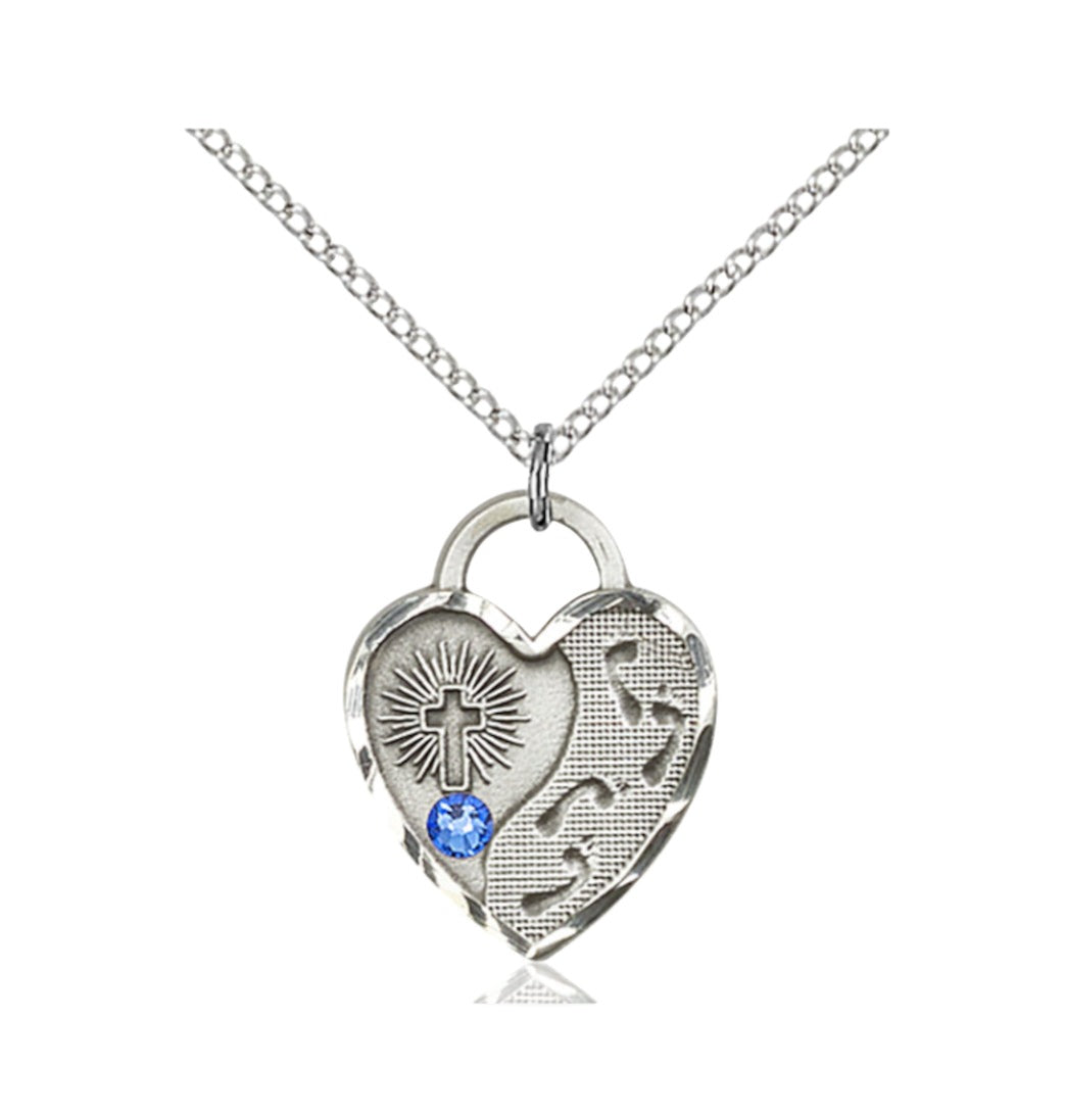 Sep Sapphire  Birthstone Sterling Silver Footprints Heart Pendant w/Austrian Crystal