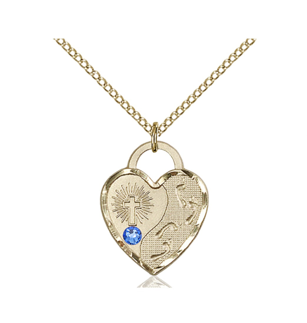 Sapphire Birthstone Gold-filled Footprints Heart Pendant w/Austrian Crystal