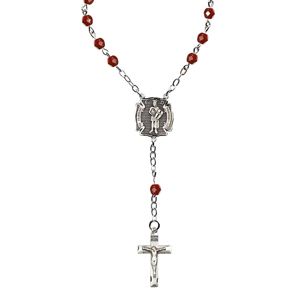 Bliss One Decade Auto Rosary with Saint Florian Center and 6mm Ruby Fire Polished Beads,