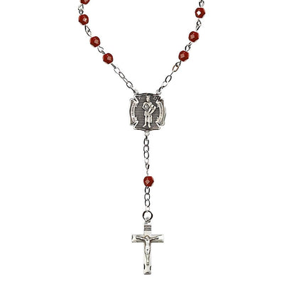 One Decade Auto Rosary with Saint Florian Center and 6mm Ruby Fire Polished Beads, Bliss Manufacturing