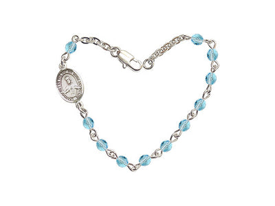 Girls Sacred Heart Scapular 4mm Austrian Crystal Silver-plated Bracelet with Fire Polished, Aqua March Birthstone, Bliss Manufacturing