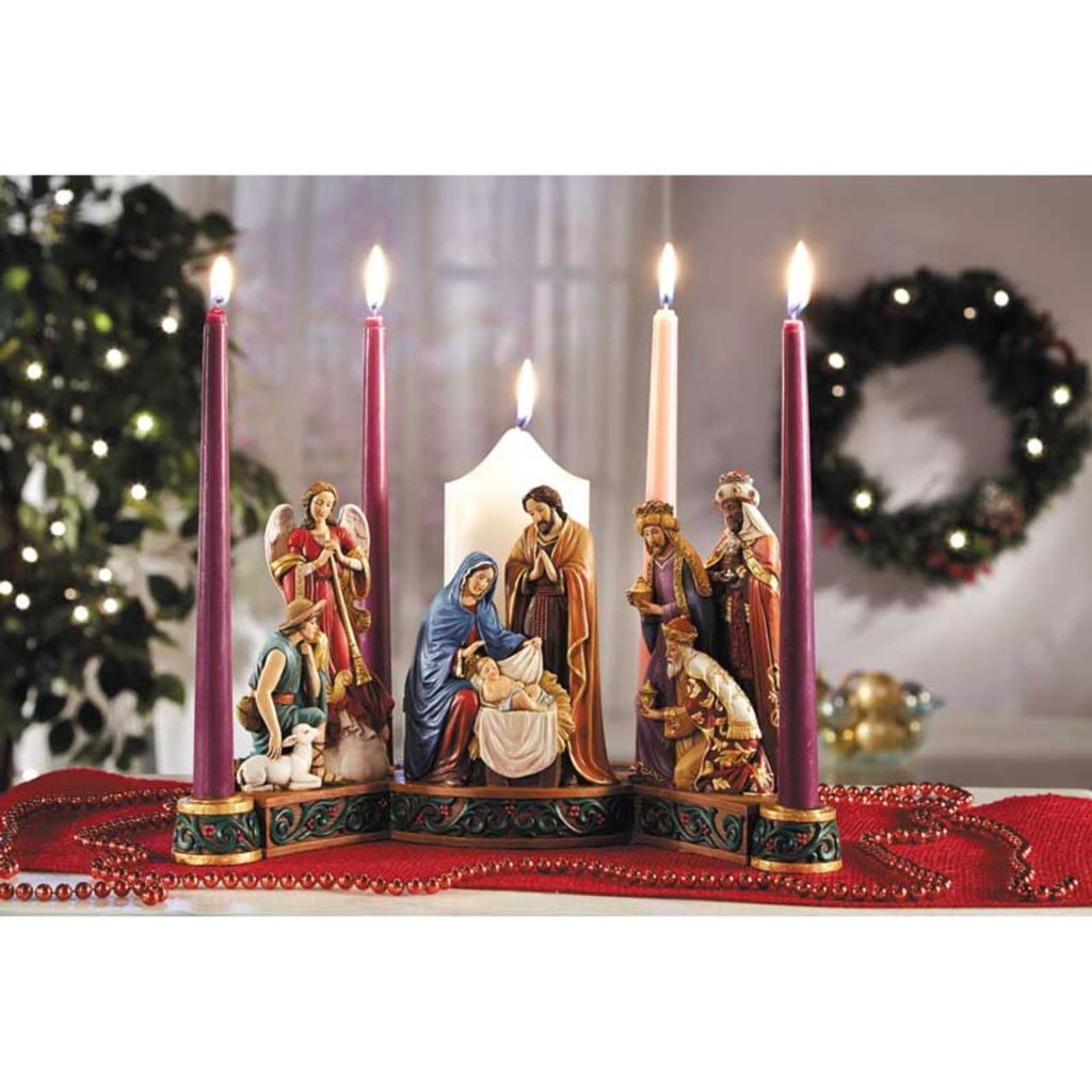 Avalon Gallery Christmas Nativity Advent candle holder, featuring the Holy Family, wise men, angels, and shepherds