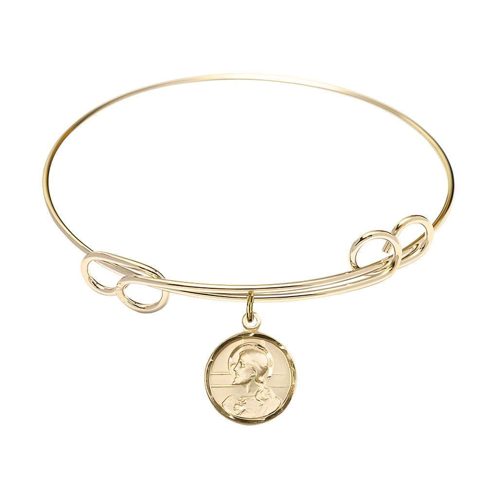 Bliss Scapular Sacred Heart of Jesus and Our Lady of Mount Carmel 14kt Gold-filled Round Charm with a Double Loop Gold-Plated Bangle Bracelet, Round Charm Size: 5/8-inch x 1/2-inch, Gift Box