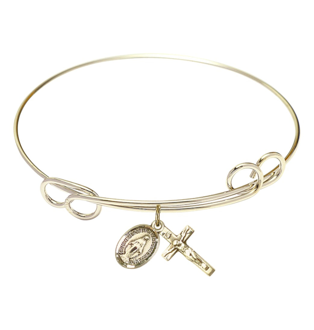 Bliss Gold-filled Miraculous and Crucifix Round Double Loop Bangle Bracelet