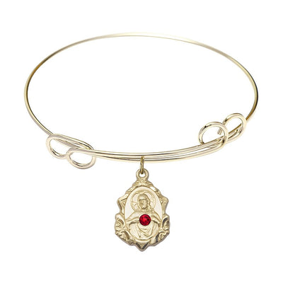 Red Crystal Scapular Sacred Heart of Jesus and Our Lady of Mount Carmel 14kt Gold-filled Charm with a Double Loop Gold-Plated Bangle Bracelet, Charm Size: 3/4 x 1/2, Gift Box, Bliss Manufacturing