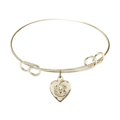 Communion Heart Gold-plated Medal with Gold-plated Twist Design Bangle Bracelet, Communion Heart Size: 5/8-inch tall by 1/2-inch wide, Bliss Manufacturing