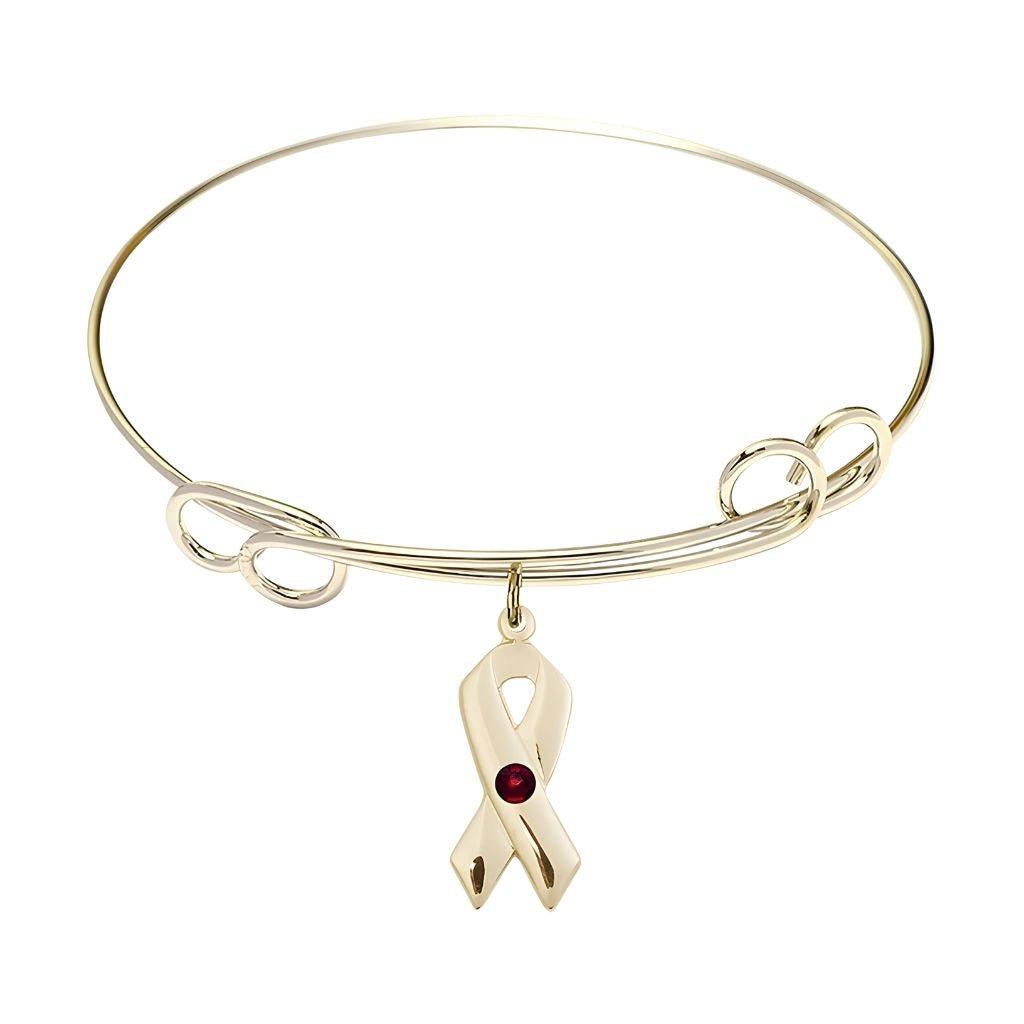 Bliss Gold-filled Cancer Awareness Ribbon Garnet Birthstone Double Loop Bangle Bracelet,charm measuring 7/8 by 3/8 inches,
