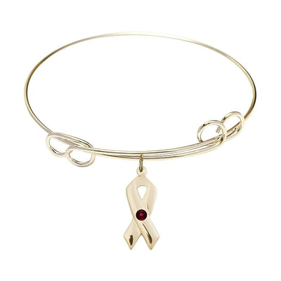 Gold-filled Cancer Awareness Ribbon Garnet Birthstone Double Loop Bangle Bracelet, charm measuring 7/8 by 3/8 inches, Bliss Manufacturing