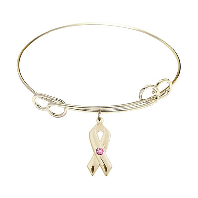 Gold-filled Cancer Awareness Ribbon Rose Birthstone Double Loop Bangle Bracelet, charm measuring 7/8 by 3/8 inches, Bliss Manufacturing