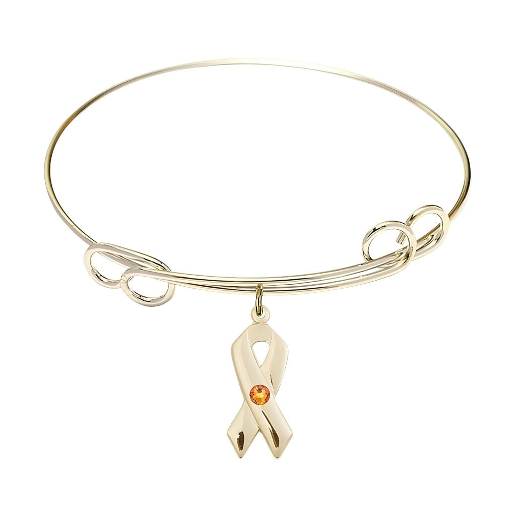Bliss Gold-filled Cancer Awareness Ribbon Topaz Birthstone Double Loop Bangle Bracelet,charm measuring 7/8 by 3/8 inches,