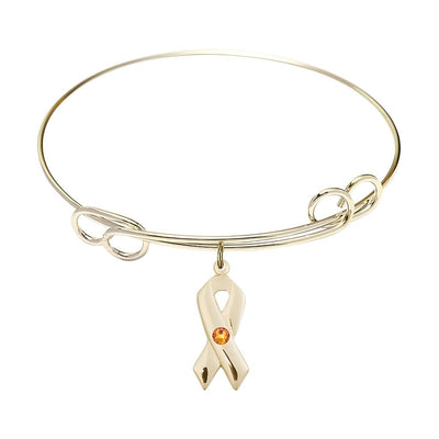 Gold-filled Cancer Awareness Ribbon Topaz Birthstone Double Loop Bangle Bracelet, charm measuring 7/8 by 3/8 inches, Bliss Manufacturing