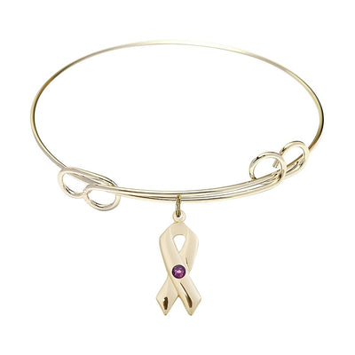 Gold-filled Cancer Awareness Ribbon Amethyst Birthstone Double Loop Bangle Bracelet, charm measuring 7/8 by 3/8 inches, Bliss Manufacturing
