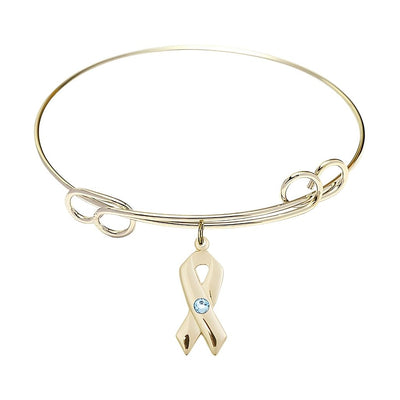 Gold-filled Cancer Awareness Ribbon Aqua Birthstone Double Loop Bangle Bracelet, charm measuring 7/8 by 3/8 inches, Bliss Manufacturing