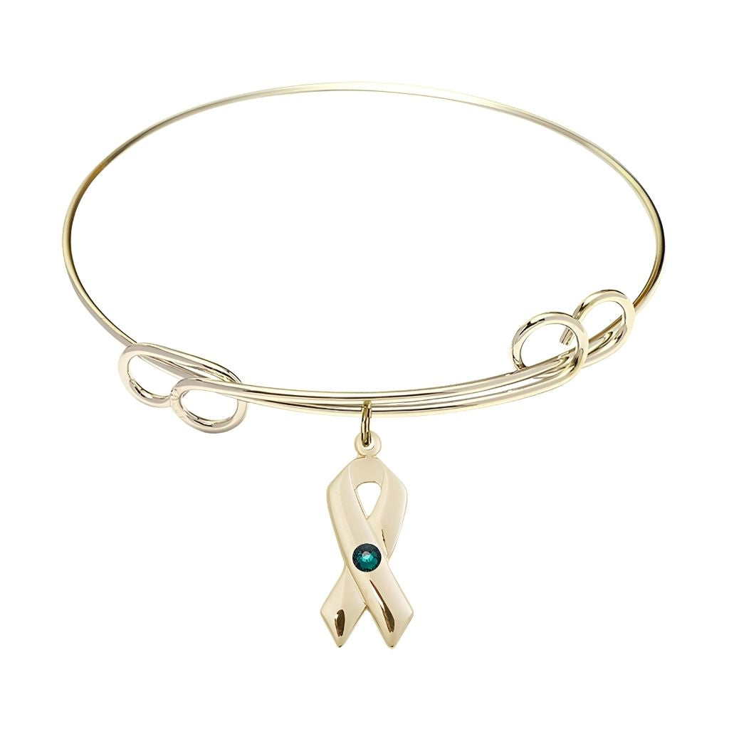 Bliss Gold-filled Cancer Awareness Ribbon Emerald Birthstone Double Loop Bangle Bracelet,charm measuring 7/8 by 3/8 inches,