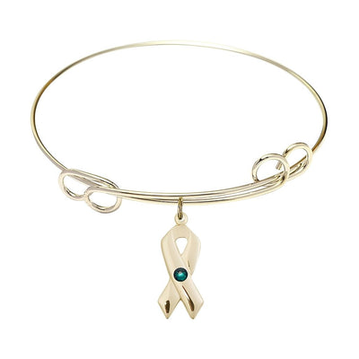 Gold-filled Cancer Awareness Ribbon Emerald Birthstone Double Loop Bangle Bracelet, charm measuring 7/8 by 3/8 inches, Bliss Manufacturing