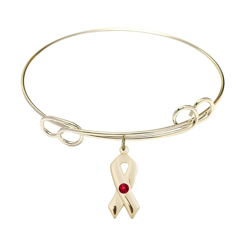 Bliss Gold-filled Cancer Awareness Ribbon Ruby Birthstone Double Loop Bangle Bracelet,charm measuring 7/8 by 3/8 inches,