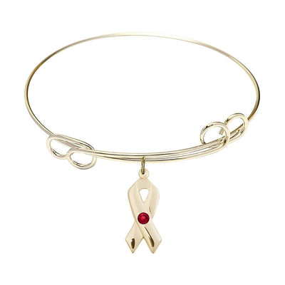 Gold-filled Cancer Awareness Ribbon Ruby Birthstone Double Loop Bangle Bracelet, charm measuring 7/8 by 3/8 inches, Bliss Manufacturing