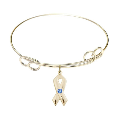 Gold-filled Cancer Awareness Ribbon Sapphire Birthstone Double Loop Bangle Bracelet, charm measuring 7/8 by 3/8 inches, Bliss Manufacturing