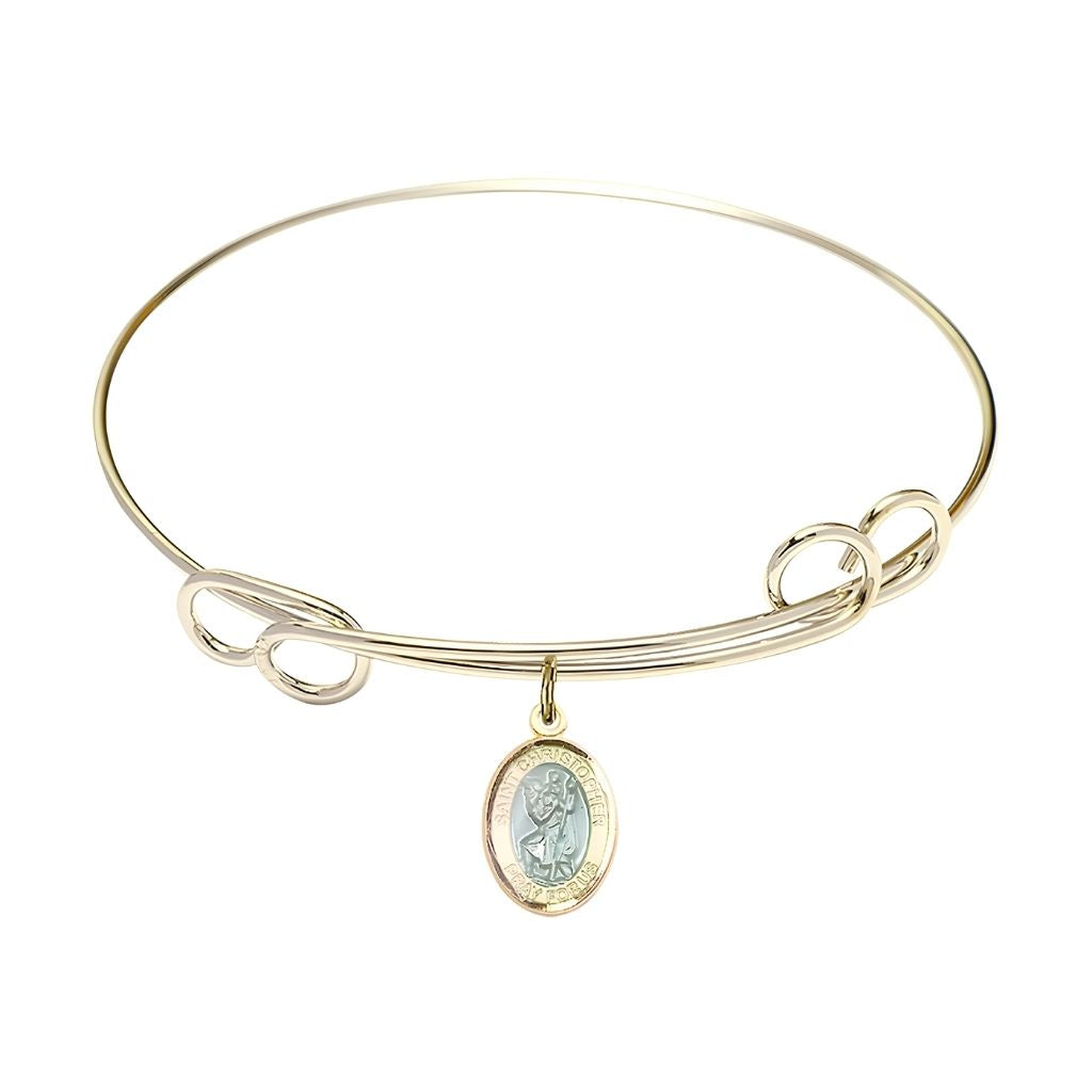 Bliss Blue Epoxy St. Christopher 14kt Gold-filled Medal with Gold-plated Double Loop Bangle Bracelet
