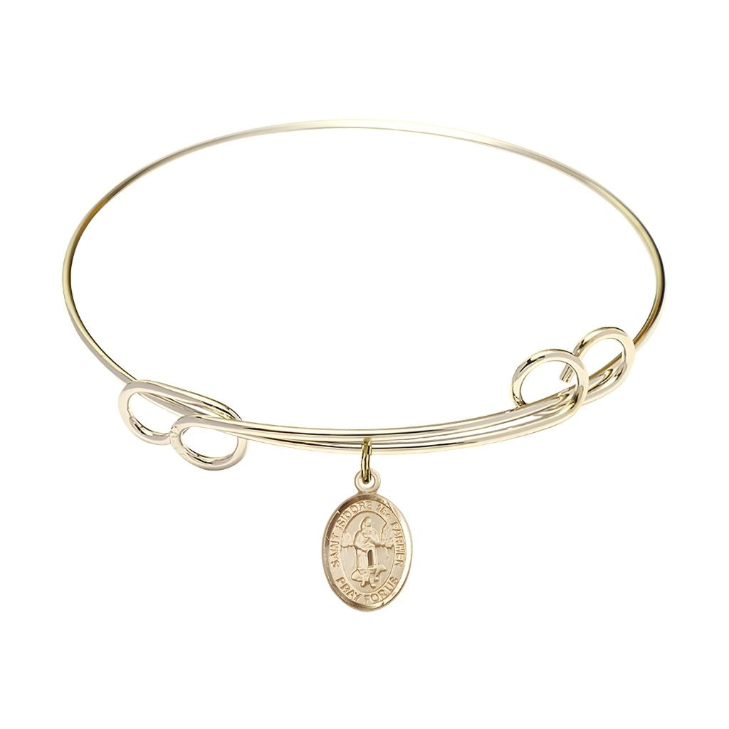 Bliss St. Isidore the Farmer 14kt Gold-filled Charm with a Double Loop Gold-Plated Bangle Bracelet, Charm Size: 1/2 x 1/4, Gift Box