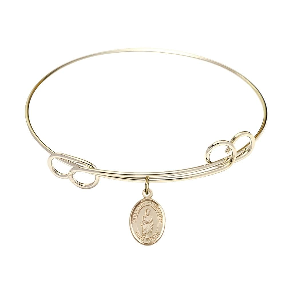 Bliss Our Lady of Victory 14kt Gold-filled Charm 1/2 x 1/4 Medal with Rhodium-plated Double Loop Design Bangle Bracelet