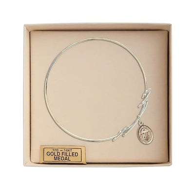 Divine Mercy Double Loop Bangle Bracelet in Gold-filled with Gift Box shown in gift box, Bliss Manufacturing