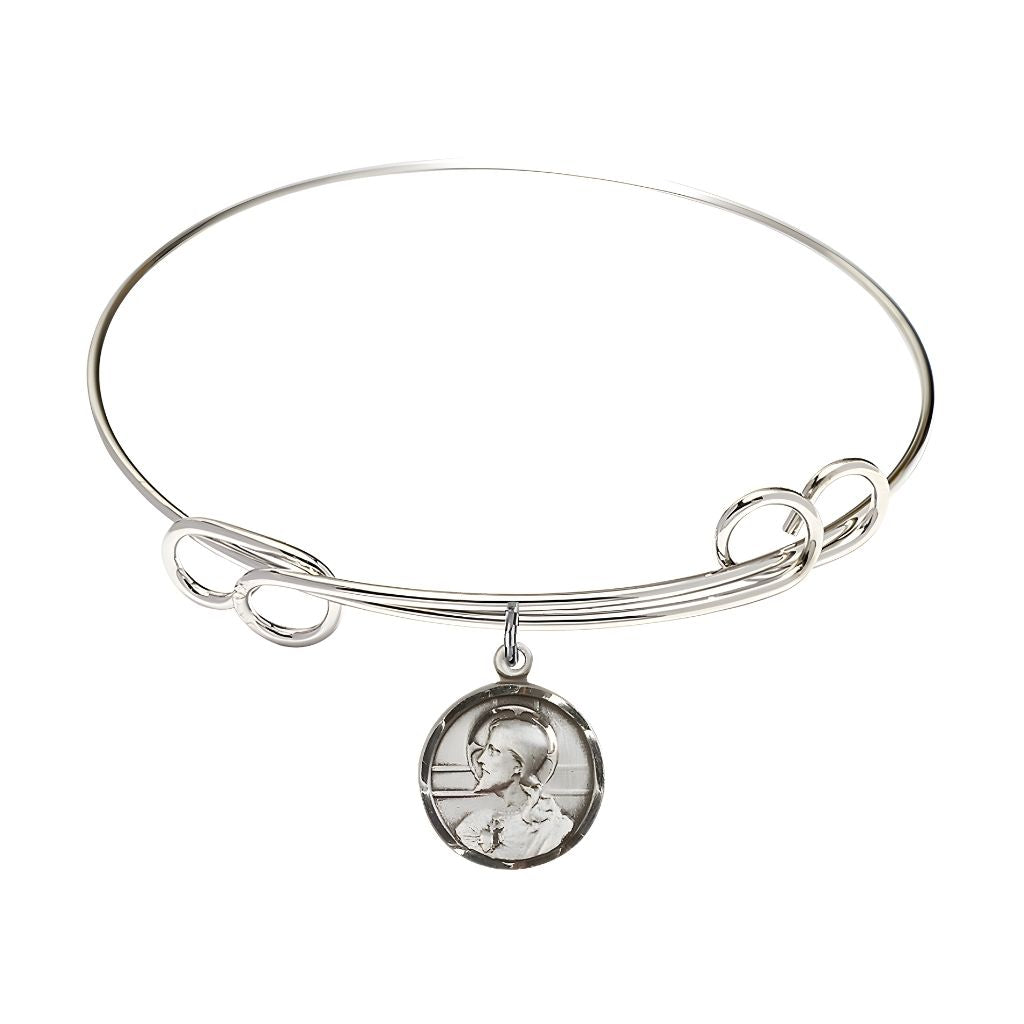 Bliss Scapular Sacred Heart of Jesus and Our Lady of Mount Carmel Sterling Silver Round Charm with a Double Loop Rhodium Plated Bangle Bracelet, Round Charm Size: 5/8-inch x 1/2-inch, Gift Box