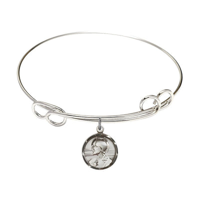 Scapular Sacred Heart of Jesus and Our Lady of Mount Carmel Sterling Silver Round Charm with a Double Loop Rhodium Plated Bangle Bracelet, Round Charm Size: 5/8-inch x 1/2-inch, Bliss Manufacturing