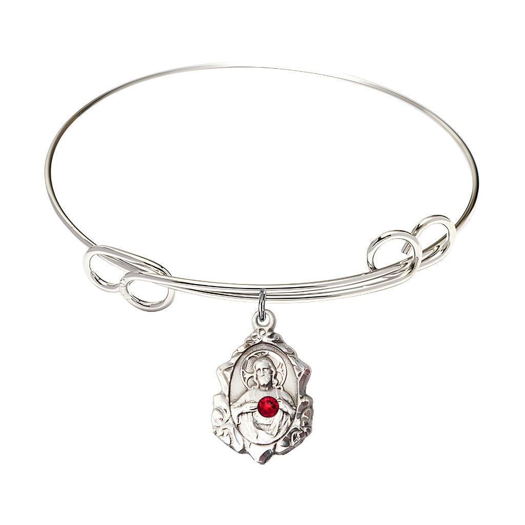 Bliss Red Crystal Scapular Sacred Heart of Jesus and Our Lady of Mount Carmel Sterling Silver Charm with a Double Loop Rhodium Plated Bangle Bracelet, Charm Size: 3/4 x 1/2, Gift Box