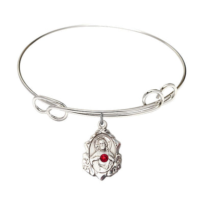 Red Crystal Scapular Sacred Heart of Jesus and Our Lady of Mount Carmel Sterling Silver Charm with a Double Loop Rhodium Plated Bangle Bracelet, Charm Size: 3/4 x 1/2, Gift Box, Bliss Manufacturing