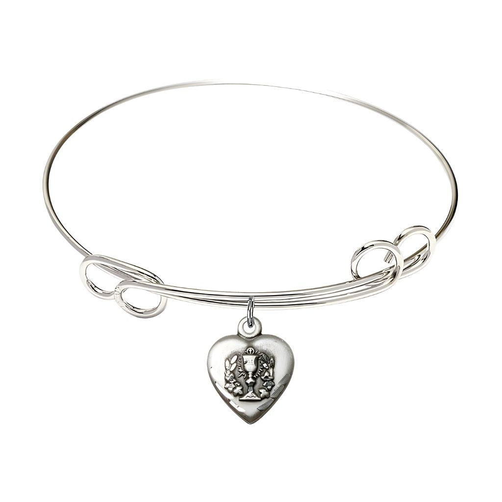 Bliss Communion Heart PewterMedal with Rhodium-plated Double Loop Bangle Bracelet, Communion Heart Size: 5/8-inch tall by 1/2-inch wide