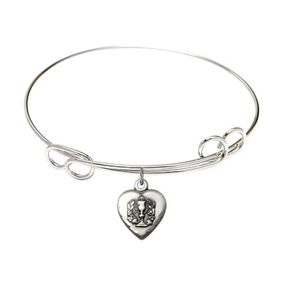 Communion Heart Sterling Silver Medal with Rhodium-plated Double Loop Bangle Bracelet, Communion Heart Size: 5/8-inch tall by 1/2-inch wide, Bliss Manufacturing