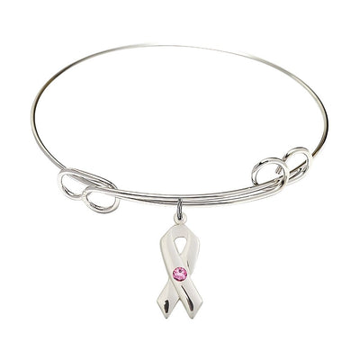 Rose Birthstone Sterling Silver Cancer Awareness Double Loop Bangle Bracelet, Bliss Manufacturing