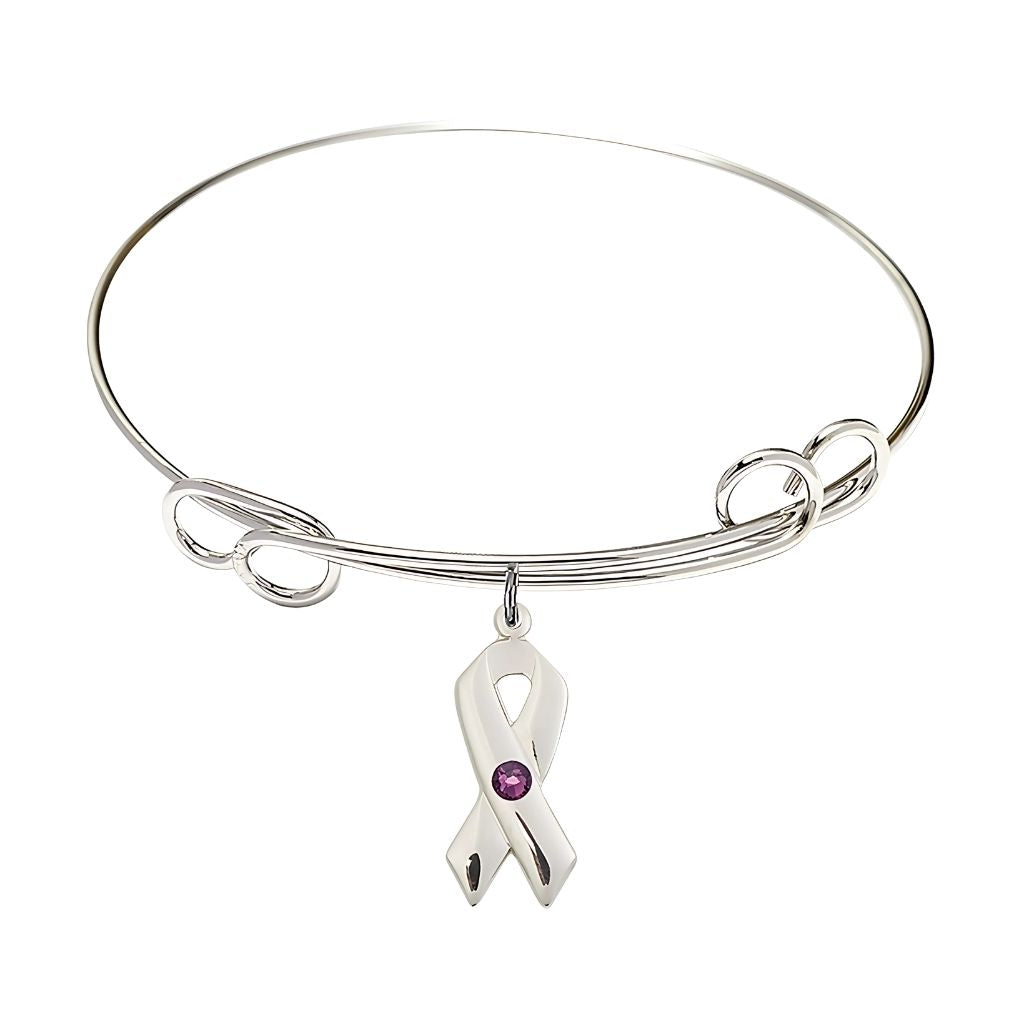 Bliss Amethyst Birthstone Sterling Silver Cancer Awareness Double Loop Bangle Bracelet,