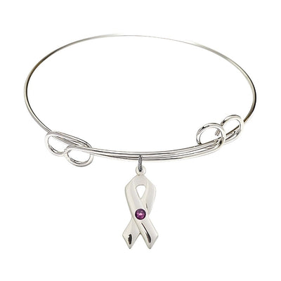Amethyst Birthstone Sterling Silver Cancer Awareness Double Loop Bangle Bracelet, Bliss Manufacturing