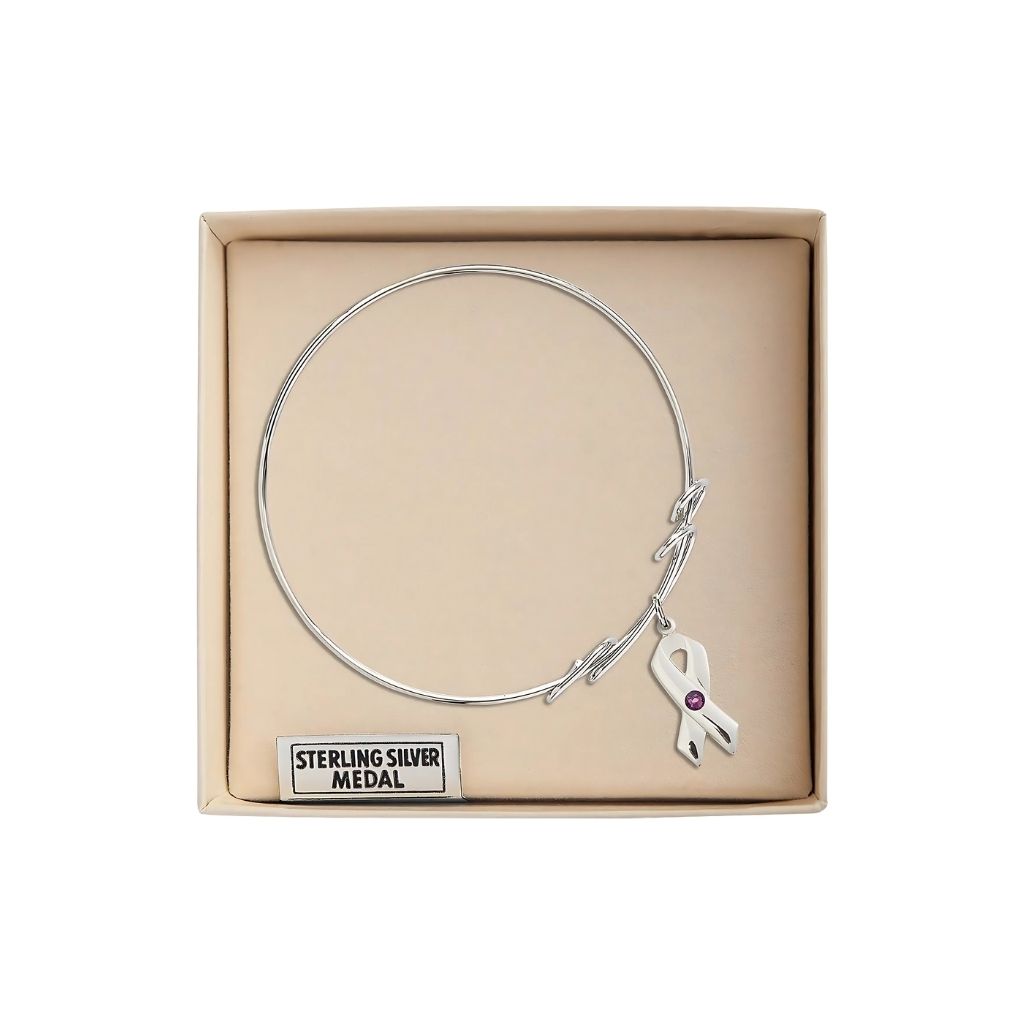 Bliss Amethyst Birthstone Sterling Silver Cancer Awareness Double Loop Bangle Bracelet in Gift Box