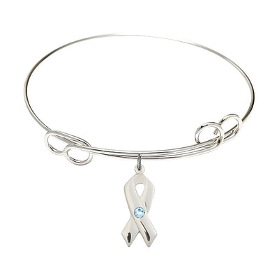 Aqua Birthstone Sterling Silver Cancer Awareness Double Loop Bangle Bracelet, Bliss Manufacturing