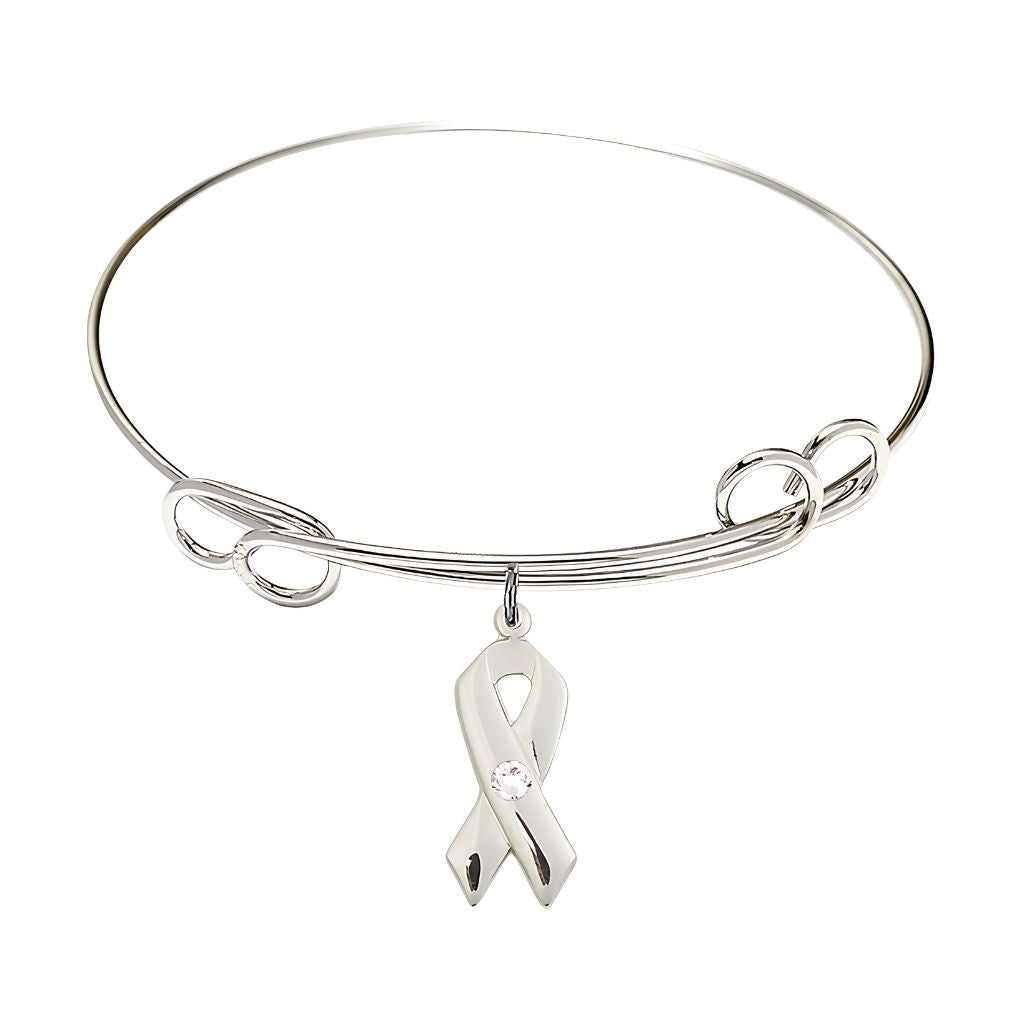 Bliss Clear Birthstone Sterling Silver Cancer Awareness Double Loop Bangle Bracelet,