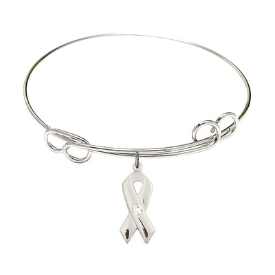 Clear Birthstone Sterling Silver Cancer Awareness Double Loop Bangle Bracelet, Bliss Manufacturing