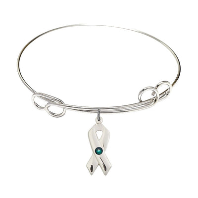 Emerald Birthstone Sterling Silver Cancer Awareness Double Loop Bangle Bracelet, Bliss Manufacturing
