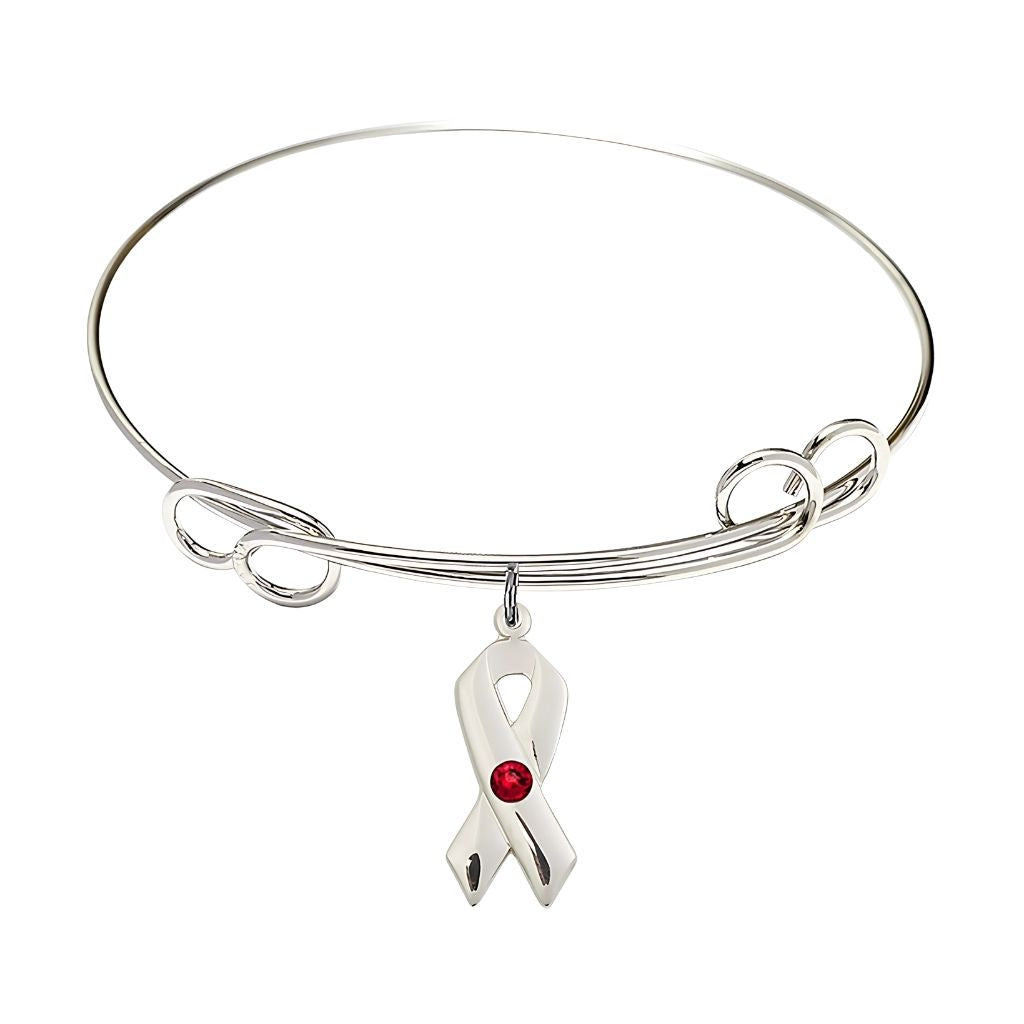 Bliss Ruby Birthstone Sterling Silver Cancer Awareness Double Loop Bangle Bracelet,