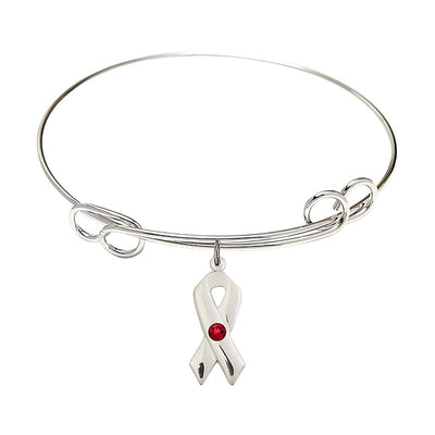 Ruby Birthstone Sterling Silver Cancer Awareness Double Loop Bangle Bracelet, Bliss Manufacturing